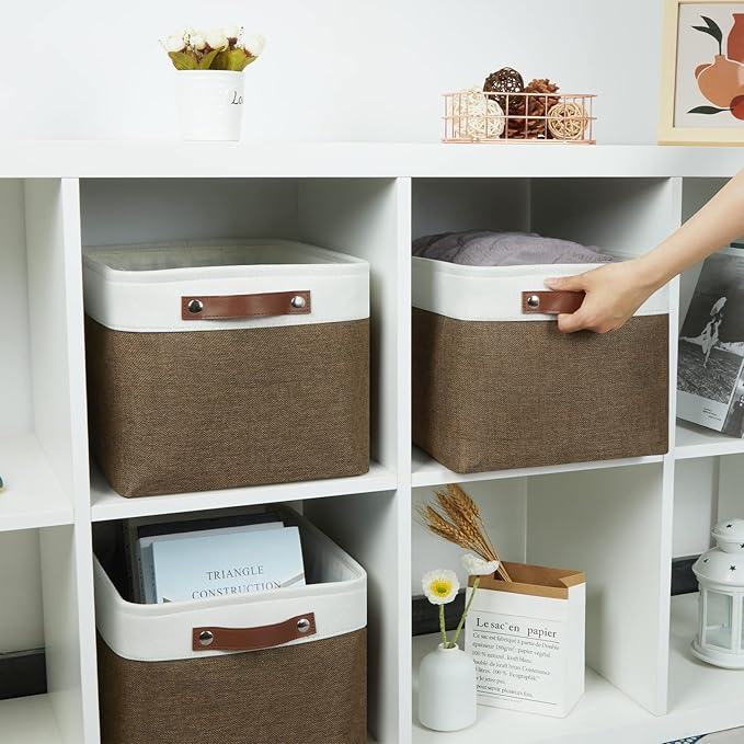 HNZIGE Fabric Storage Baskets (3 Pack) - Decorative Foldable Shelf Baskets with Leather Handles for Organizing Clothes (Brown