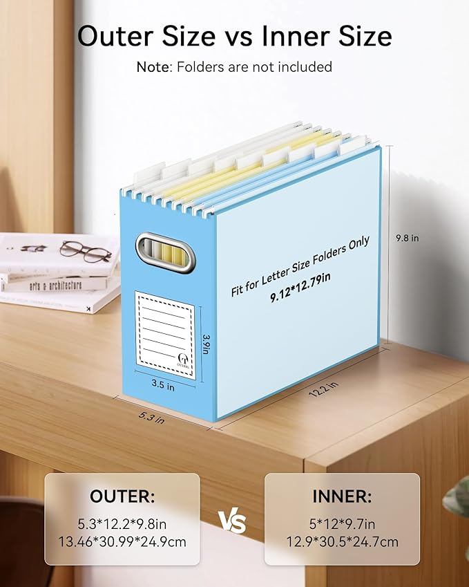 Oterri File Organizer Box, Portable Collapsible Cardboard File Folder Organizer with Handle for Letter Size Hanging Files, Do