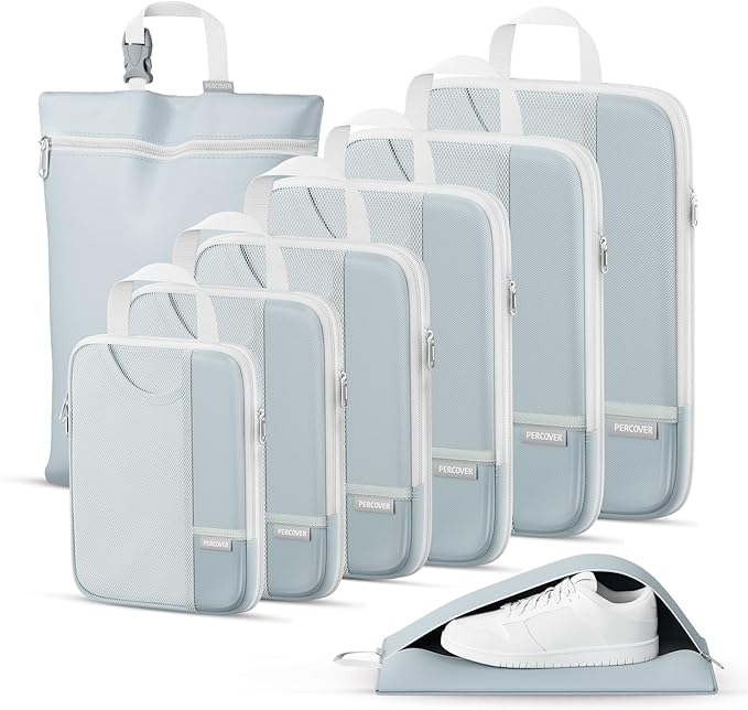 Percover Compression Packing Cubes 8-Piece Set, Packing Cubes Compression for Travel with Laundry Bag & Shoe Bag, Travel Orga