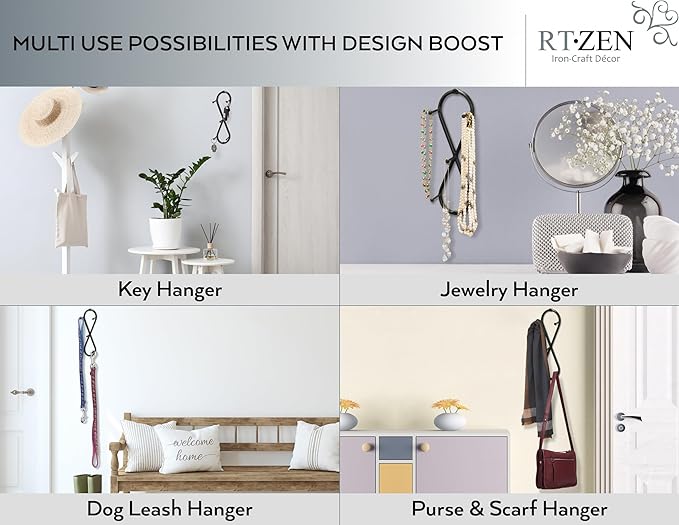 RTZEN Farmhouse Small Key Holder for Wall - Handcrafted Swirl Decorative 5 Key Hooks for Home Entryway - Wrought Iron Wall Mo