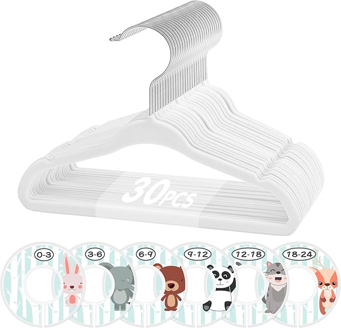 VIS'V Baby Hangers, 11 Inch Velvet Kids Hangers with 6 Pcs Clothes Size Dividers, Infant Toddler Nursery Closet Organization,