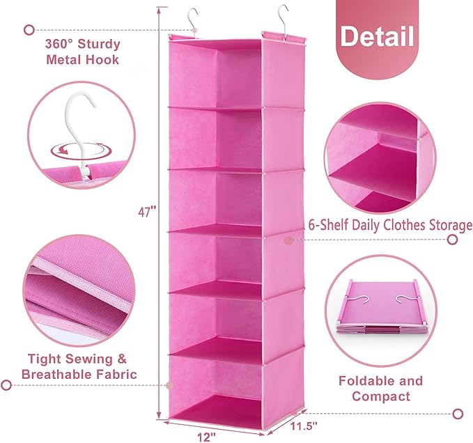 MAX Houser 6-Shelf Hanging Closet Organizer, Hanging Storage Shelves with 2 Sturdy Hooks Space-Saving for Bedroom, Foldable (