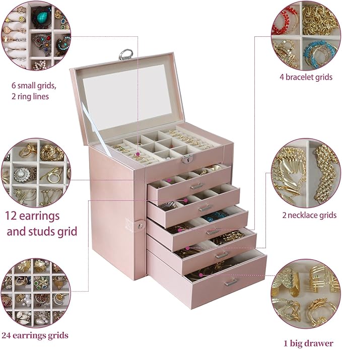 BOOVO Jewelry Box For women, 6 Layer Large Jewelry Organizer With Mirror, Multi-Function Storage Box With Lock, Accessory Hol