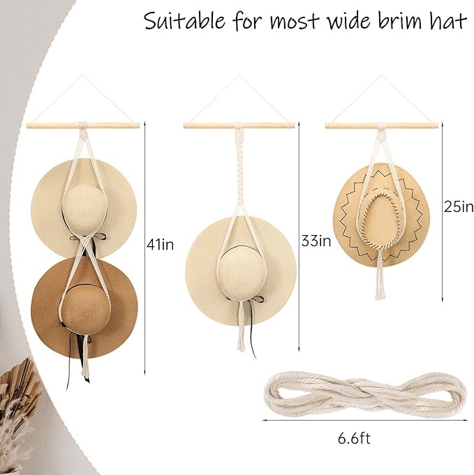 ZYP Macrame Hat Hanger Boho Hat Rack for Wall Hat Holder Display Organizer Bobo Hanging Hat Organizer Storage for Wide Brim H
