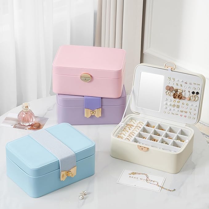 Lolalet 2 Layer Jewelry Box with Lock and Key for Teen Girls & Young Women, Jewelry Organizer Case with Round Clasp and Mirro