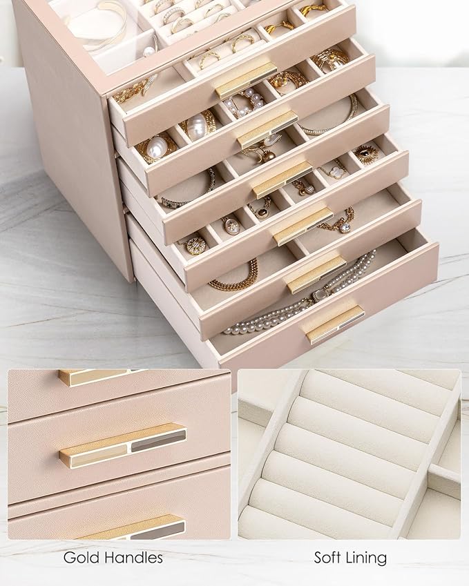 VLANDO 6 Layer Jewelry Box for Women, Glass Lid Jewelry Organizer with 6 Drawers for Necklaces Rings Earrings Bracelets - Tof