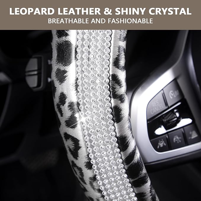 AUTOYOUTH Leopard Steering Wheel Cover - Bling Crystal Rhinestones Cheetah Print on Leather Non-Slip Breathable Design for Wo