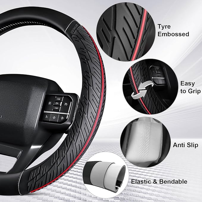 CAR PASS Leather Rubber Steering Wheel Cover Combo Set Universal Fit for Truck SUV Car Ram F150 Tundra 4Runner Tacoma Mobile Phone Holder Anti-slip Heavy Duty Tire Tread Large-size 15.5"-16" Black Red