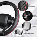 CAR PASS Leather Rubber Steering Wheel Cover Combo Set Universal Fit for Truck SUV Car Ram F150 Tundra 4Runner Tacoma Mobile Phone Holder Anti-slip Heavy Duty Tire Tread Large-size 15.5"-16" Black Red