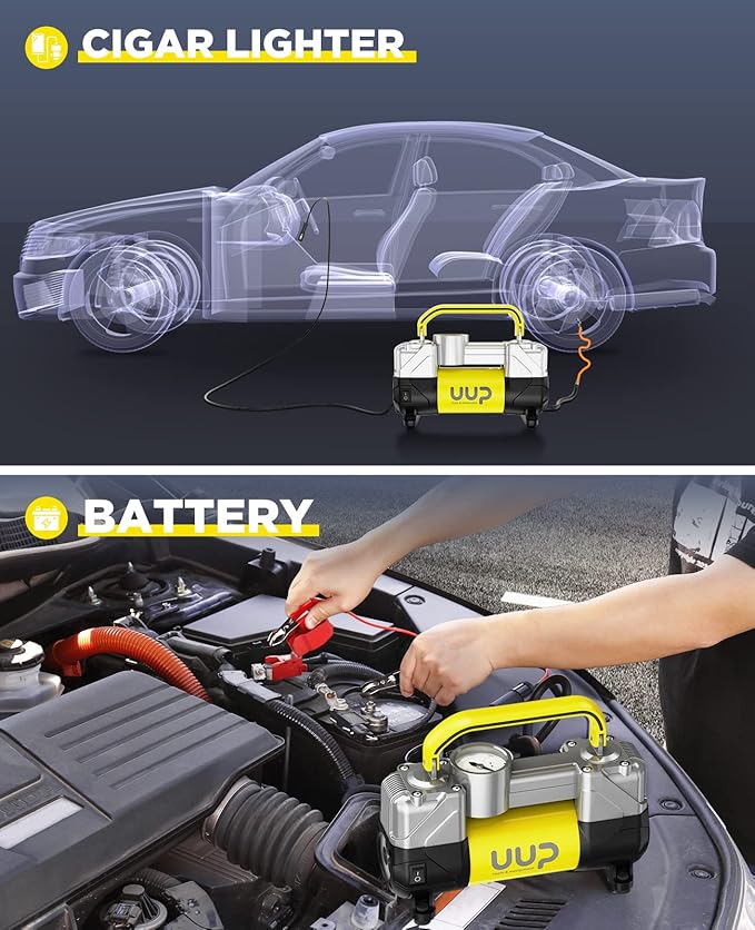 Tire Inflator Air Compressor, 150PSI 12V DC Double Cylinders Heavy Duty Portable Air Pump w/Emergency LED Light for Truck, SUV, Car, RV