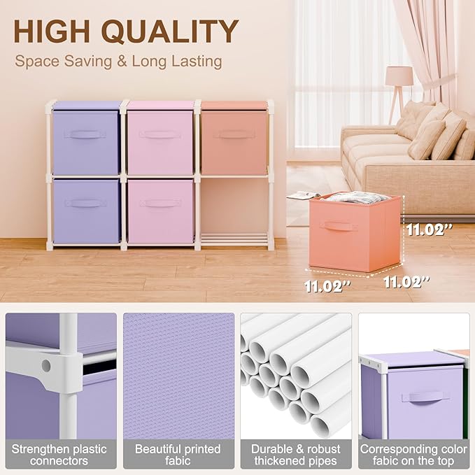 6 Cube Storage Organizer with Shelf Back to School Boxes 11 Inch Toy Storage Bins Closet Organizers Drawers Fabric Dresser fo