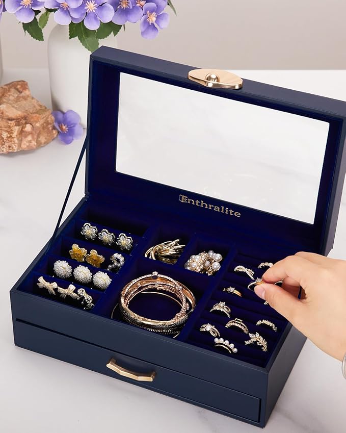 Enthralite Jewelry Box with 1 Drawers: Display Organizer for Earrings Necklaces - Gifts for Girls Women (Dark Blue)