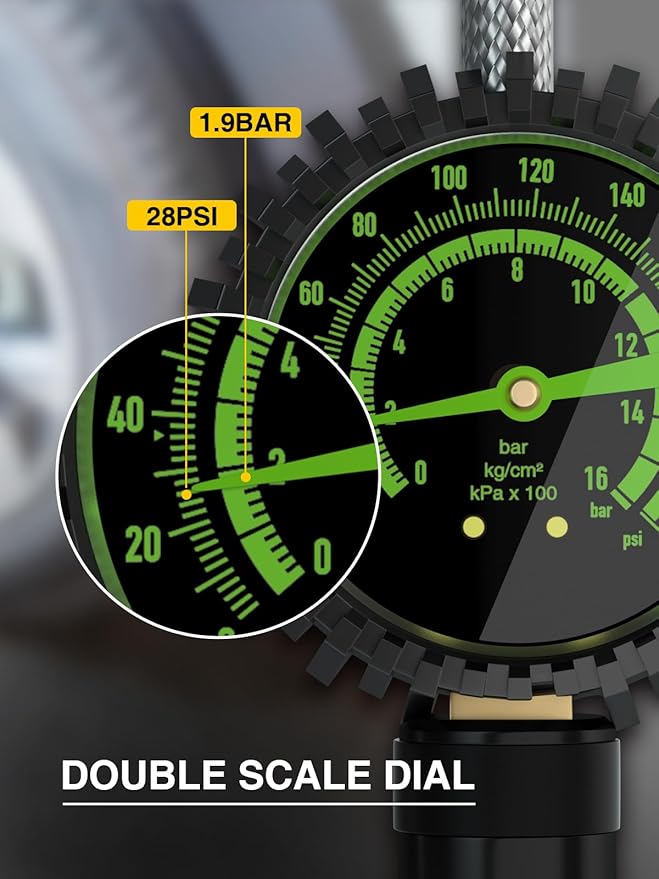 AZUNO Heavy Duty Tire Pressure Gauge, Tire Inflator Gauge 230PSI Air Chuck Air Compressor Attachments, with Steel Braided Hose, Large 2.6" Glow Dial & Quick Connect Coupler, for Truck/Car/SUV/RV/Bike