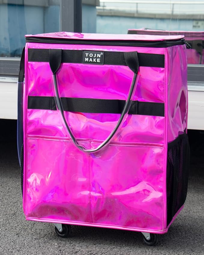 Reusable Grocery Bag On Wheels (Medium, Glitter Pink), Shopping Trolley, Rolling Tote with 8 Pockets and Zipper Cover, Foldable, Heavy Duty Handles, Carries Up to 66 LBS