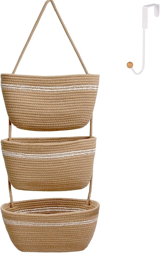 Over the Door Hanging Basket for Organizing 3 Tiers Woven Cotton Rope Wall Mount Storage basket Decorative Kitchen Hanging Or