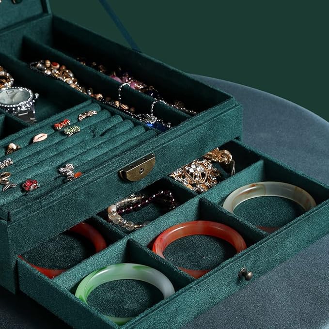 Women Jewelry Box Lockable 3 Layers Large Jewelry Organizer Storage Case for Earrings Necklaces Rings Bracelets,Green Display