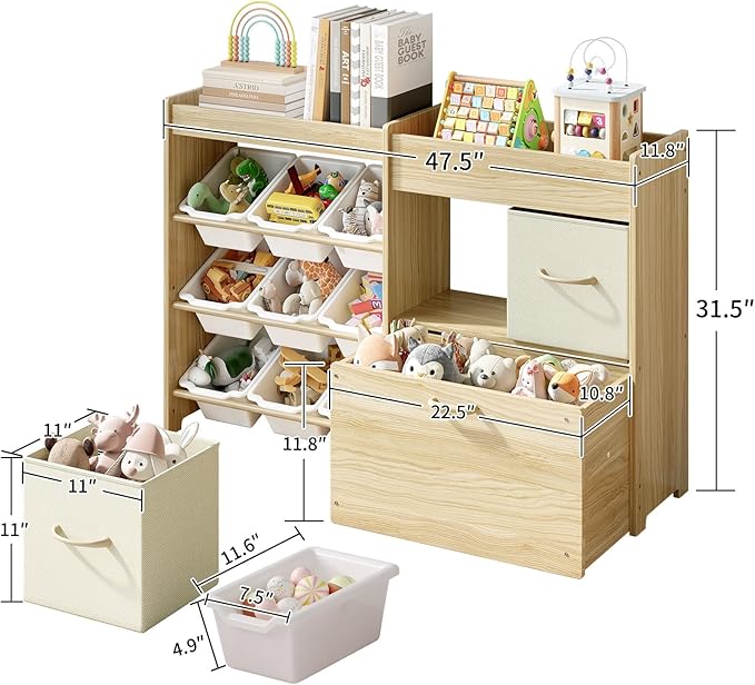 EXPERLAM Toy Storage Organizer for Kids, 9-Bin Toy Organizer with 2-Drawers, Movable Toy Chest and Top Rack, Multifunctional 