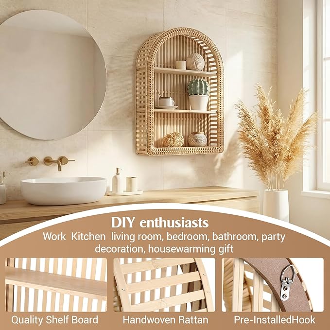 Pinkunn 20'' x 12'' 3 Tier Rattan Wall Shelf Boho Arch Hanging Shelves Arched Wall Mounted Wicker Shelf Decorative Farmhouse 