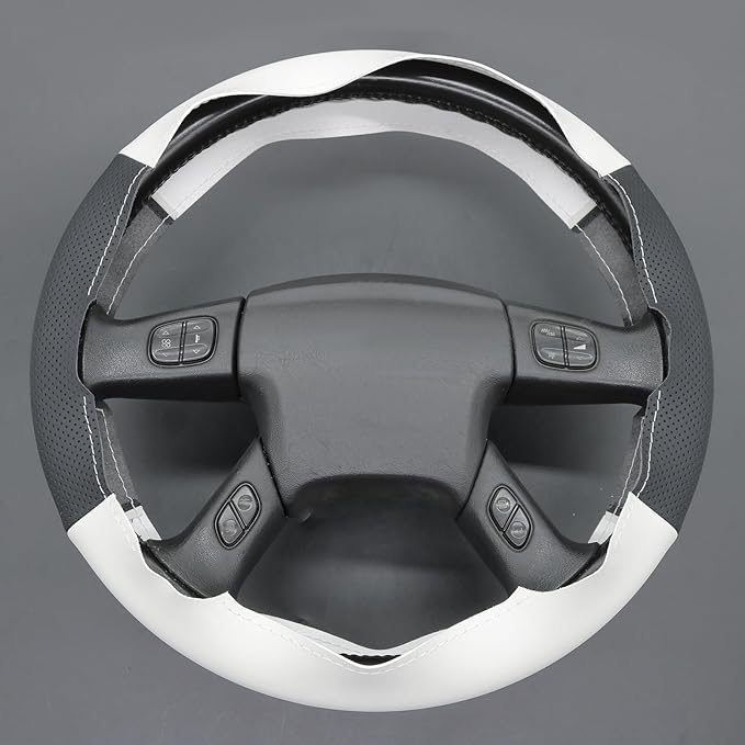 MEWANT Hand-Stitched Steering Wheel Cover for Chevy Silverado 1500 2003-2006 Trailblazer Black White Faux Leather Wrap