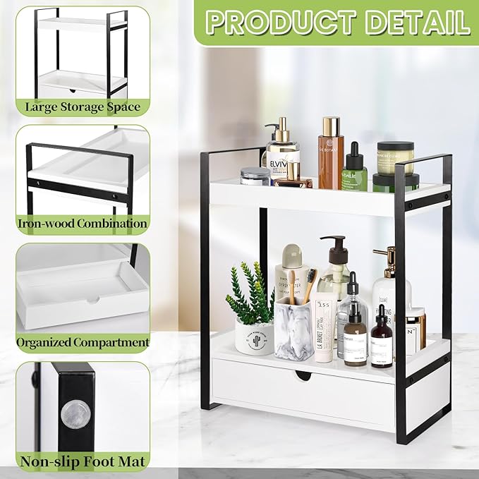 2-Tier Wooden Counter Shelf with Drawer, Vanity Tray for Organization and Decor, Countertop Organizer for Bathroom and Kitche