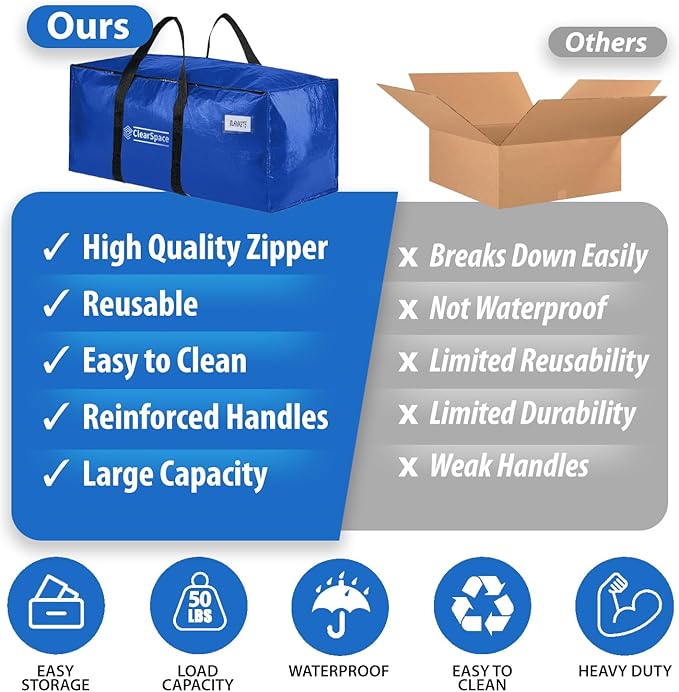 ClearSpace Heavy Duty Moving Bags or Storage Bag – Large Moving Boxes with Backpack Straps, Zippers & Handles – Perfect for M