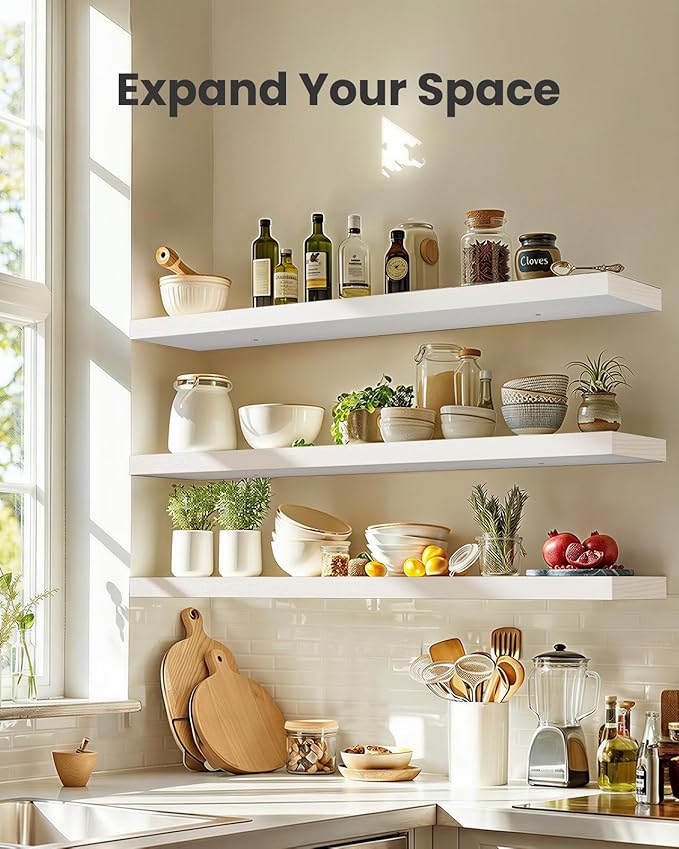 AMADA HOMEFURNISHING 47.2" L Floating Shelves, Wall Shelves Set of 3 for Bathroom/Living Room/Bedroom/Kitchen, White Floating