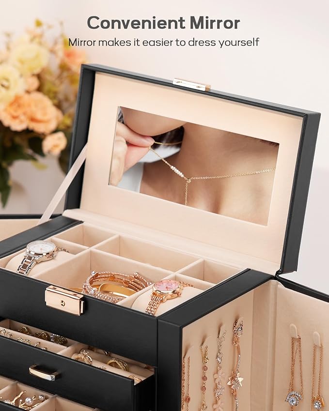 Homde Synthetic Leather Huge Jewelry Box Mirrored Watch Organizer Necklace Ring Earring Storage Lockable Gift Case (Black + G