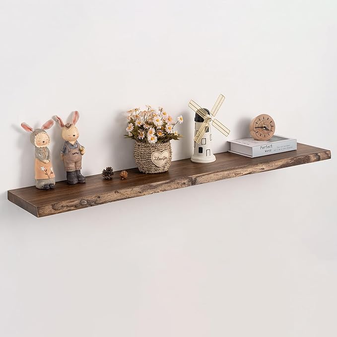 Live Edge Floating Shelf, 48 Inch Solid Elm Wood - Vintage Rustic Wood Wall Shelf with Invisible Brackets for Living Room, Ki