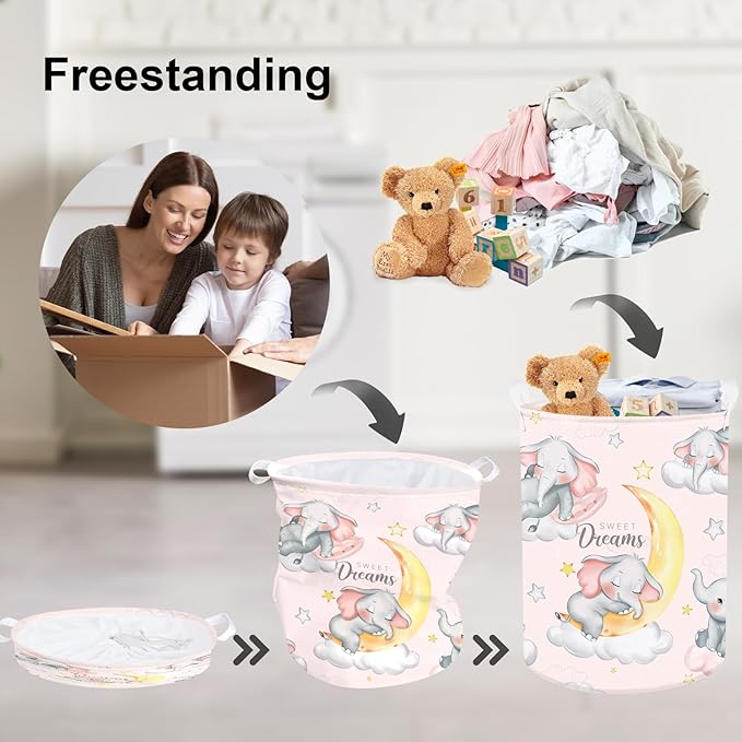 Clastyle Sleeping Elephant Kid Laundry Basket Pink Baby Girls Clothes Hamper for Nursery Collapsible Star Moon Towel Toy Stor