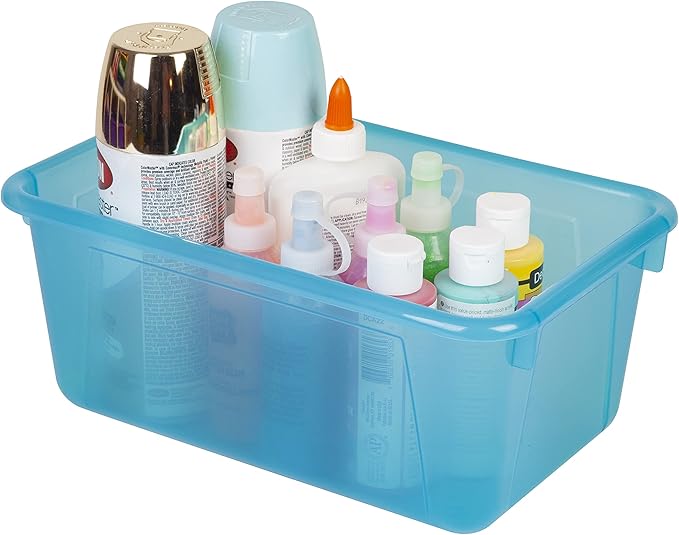 Storex Small Cubby Bins – Plastic Storage Containers for Classroom with Non-Snap Lid, 12.2 x 7.8 x 5.1 inches, Tint Teal, 5-P