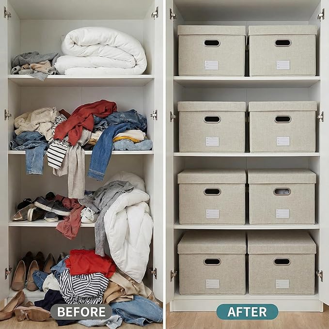 PRANDOM Storage Bins with Lids [3-Pack] Linen Fabric Foldable Storage Boxes Organizer Containers Baskets Cube with Cover for 