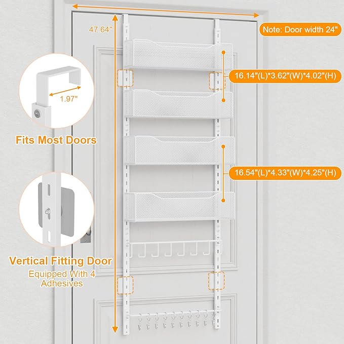 Over the Door Organizer, 2 in 1 Metal Hanging Closet Organizer & Hat Rack with 4 Adjustable Baskets, 8 Hooks, 10 Clips, Behin