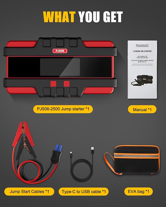 Battery Jumper Starter Portable 2500A (12V) - Portable Booster Pack with Voltage Detection & Protection for Gas/Diesel (Up