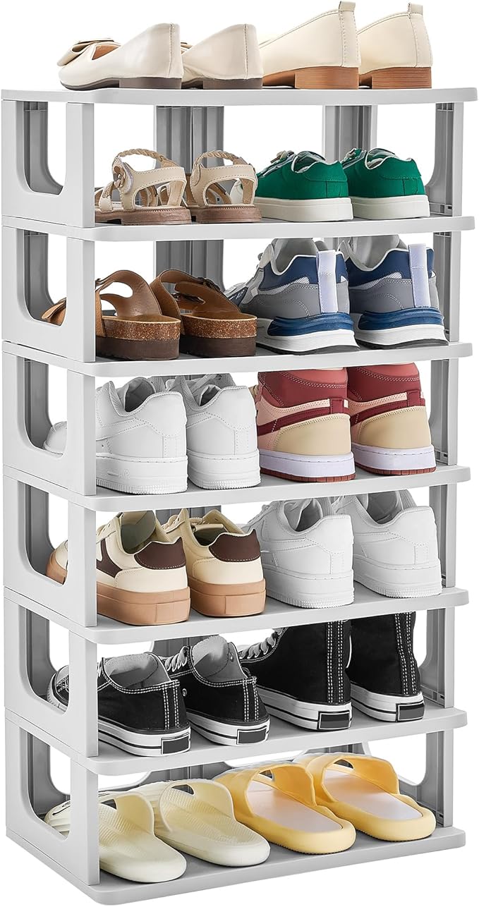 TRZZ 7-Tier Small Shoe Rack, Vertical Narrow Stackable Organizer with Removable Partition, Efficient Shoe Storage for Closet,