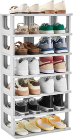 TRZZ 7-Tier Small Shoe Rack, Vertical Narrow Stackable Organizer with Removable Partition, Efficient Shoe Storage for Closet,