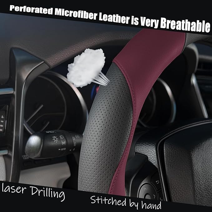 Steering Wheel Cover Universal Standard Size 14.5-15 inch, Breathable Microfiber Leather, Anti-Slip, Soft Grip, Sporty Design