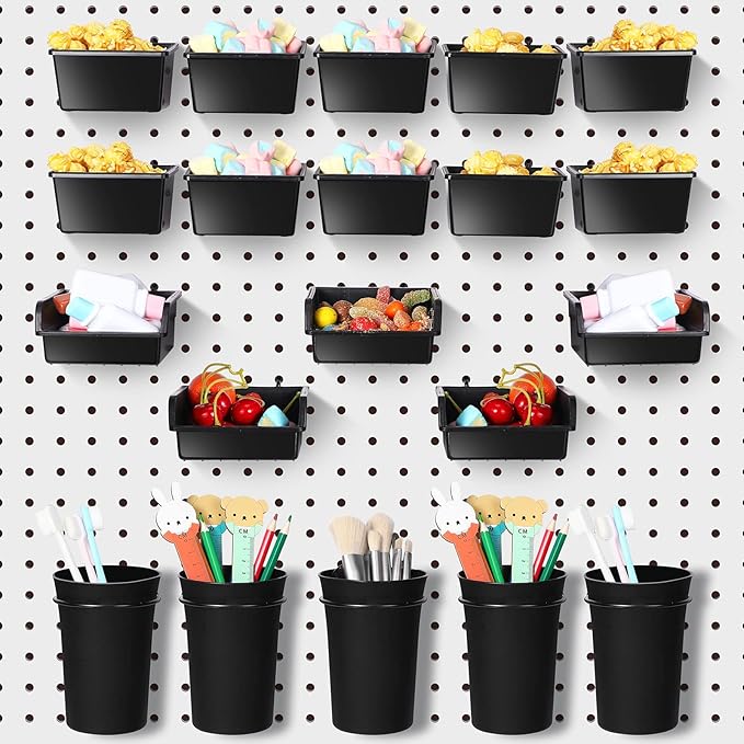 Yookeer 20 Pcs Pegboard Bins and Cups with Hooks and Loops Peg Assortment Organizer Accessories Various Tool Organizer Pegboa