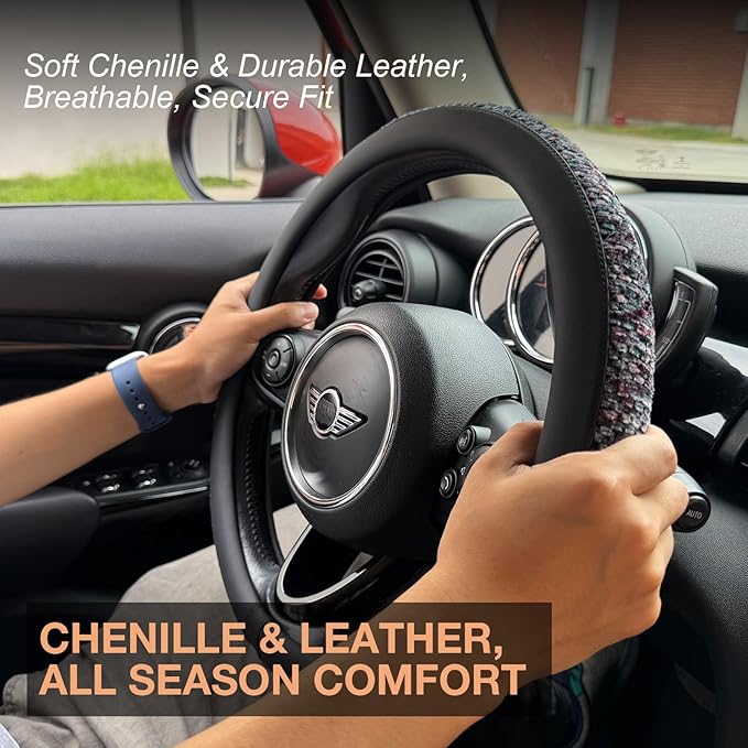 PINCTROT Chenille Leather Steering Wheel Cover, Soft Mottled Colors, Sweat-Proof, Non-Slip Grip, All-Season Comfort, Universa