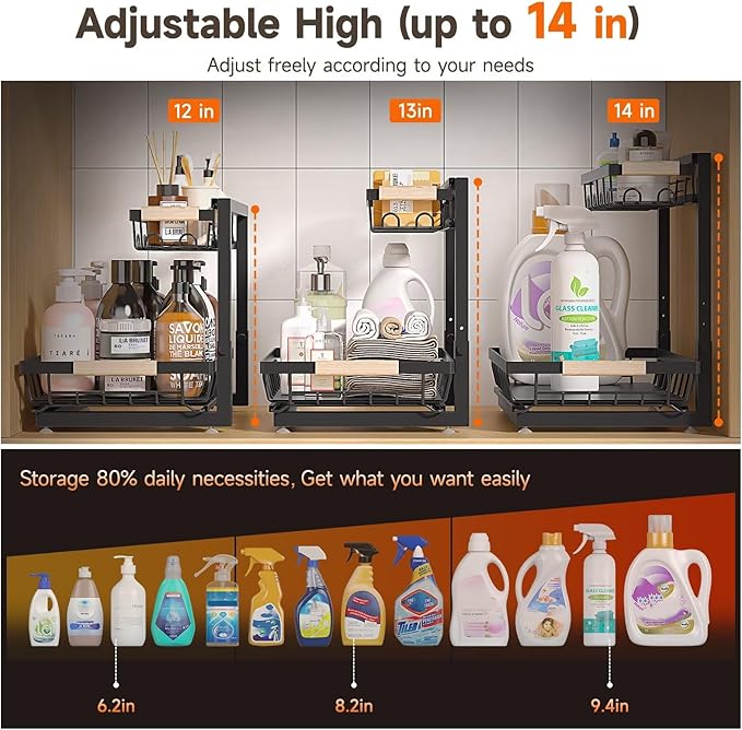 Sevenblue 2 Packs Under Sink Organizer, Height Adjustable 2 Tier Under Kitchen Sink Organizer, Multi-Purpose Storage Shelf fo