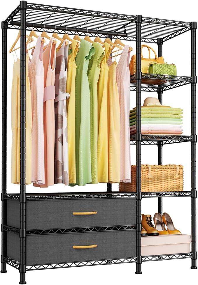 Ulif F3 Heavy Duty Clothes Rack（With Fabric Drawers）Freestanding Clothing Racks for Hanging Clothes，Adjustable Closet Organiz