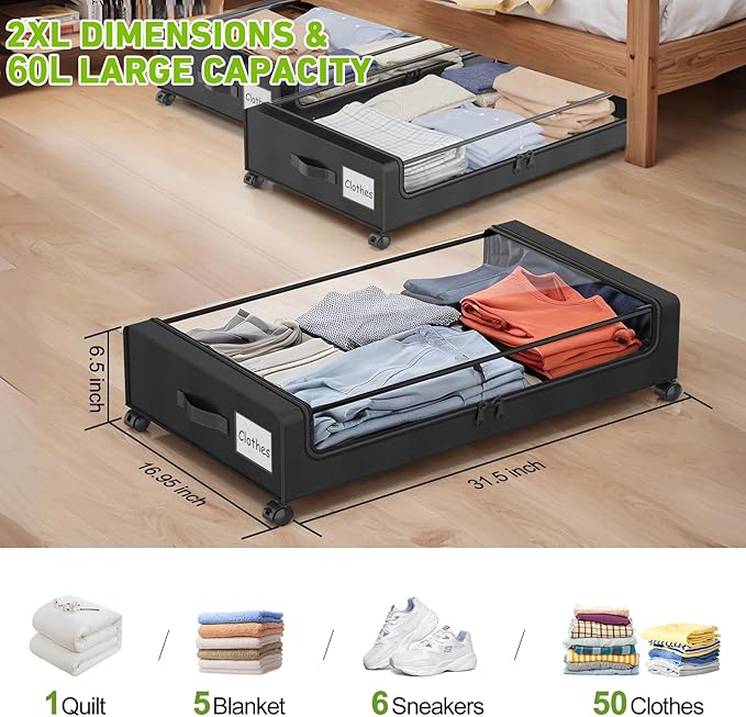 Beborxue Under Bed Storage with Wheels, 2-Pack Under the Bed Storage Containers with Lids, XXL 60L Under Bed Shoes Storage Or