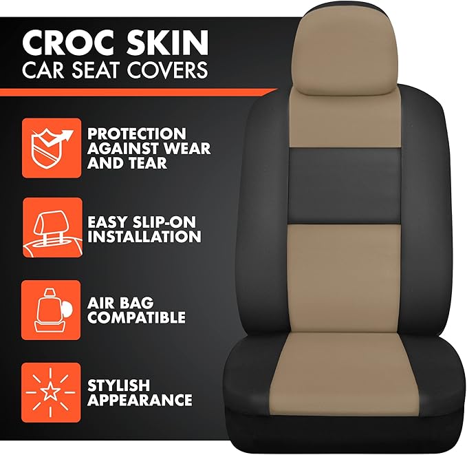 BDk Faux Leather Car Seat Cover Full Set - Front & Rear Split Bench Beige Seat Covers for SUV & Truck Seat Covers, Airbag Com