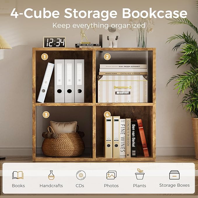 COMHOMA 4 Wood Cube Storage Organizer with Open Back and Removable Back Panels, 11In Brown Cube Storage Bookshelf, Cubicle Sh