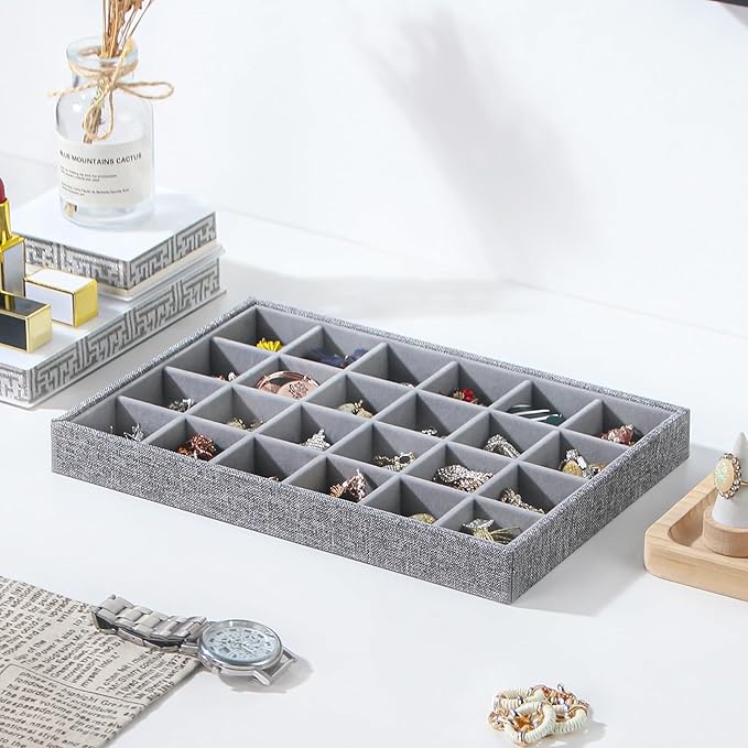 Stackable Jewelry Organizer Tray For Drawers,White Leather Small Earring Storage Tray,Bracelet And Necklace Display Box,Jewel