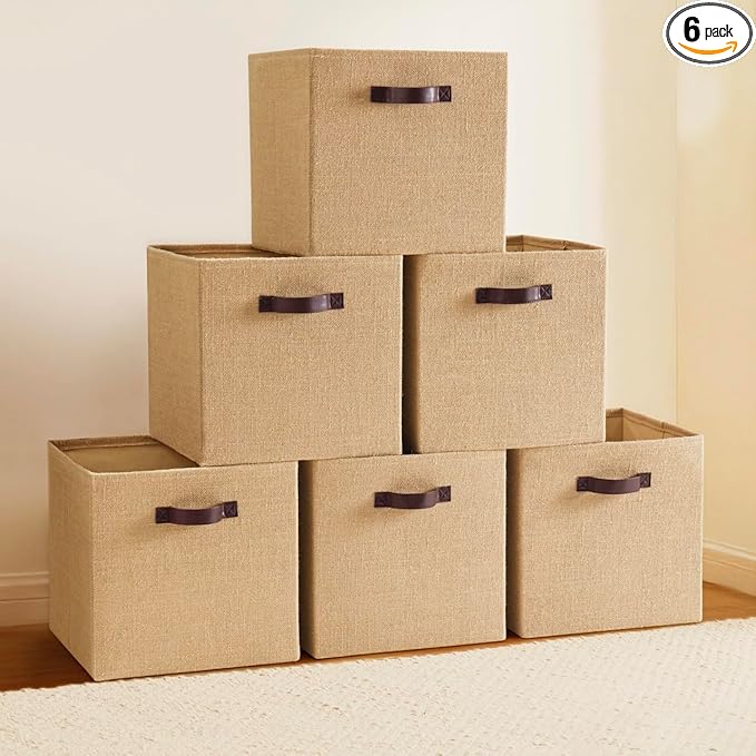 Ornavo Home 13 x 13 Storage Cube Bins, 6 Pack Jute Baskets, Fabric Storage Bins Shelf Basket Cube Organizer for Closet Foldab
