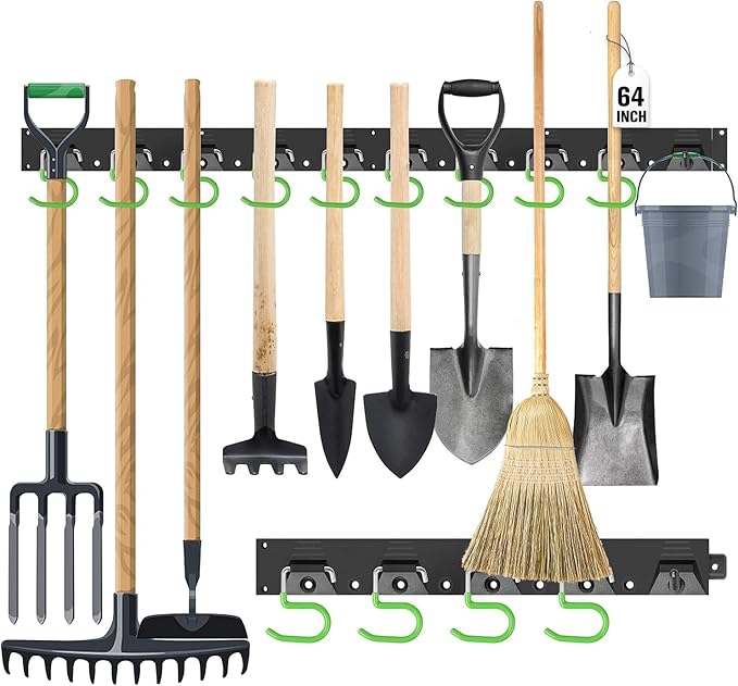 SWANLAKE Plastic 64 Inch Adjustable Storage System, Wall Mounted Hooks Tool Organizer, Garden Tool Hangers, Black