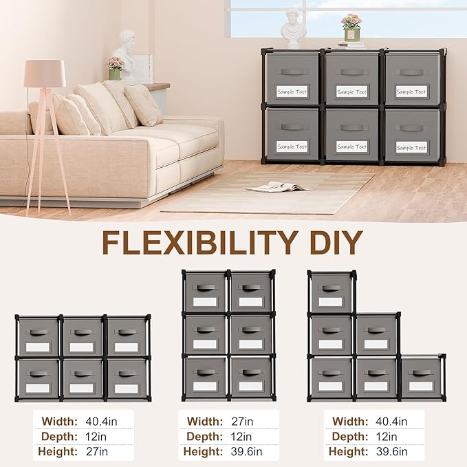 Geelin 6 Cube Storage Organizer with Fabric Bins and Labels 11 Inch, Fabric Collapsible Cubby Clothes Storage Drawer Dresser 