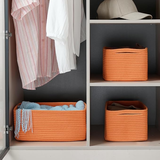 3-Pack Storage Baskets for Organizing | Woven Shelf Toy Basket | Rope Baskets for Gifts Empty | Closet Organizer Bins with Ha