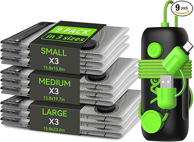 Vacuum Bags for Travel - USB Electric Pump, 9 Pack Carry-on Size Vacuum Seal Bags for Clothing - Space Saver Vacuum Storage B
