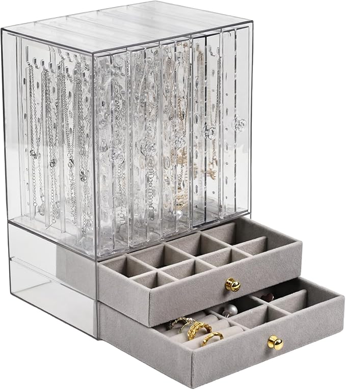 Greenfeather Jewelry Organizer with 7 Removable Drawers, Clear Acrylic Jewelry Box with 40 Necklace Hooks, 120 Pairs of Earri